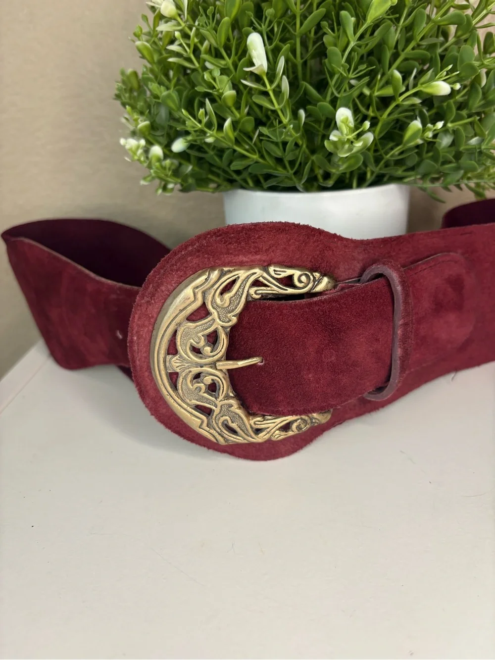 Wide Suede genuine leather Belt with Ornate Gold Buckle - BurgundyL/M
